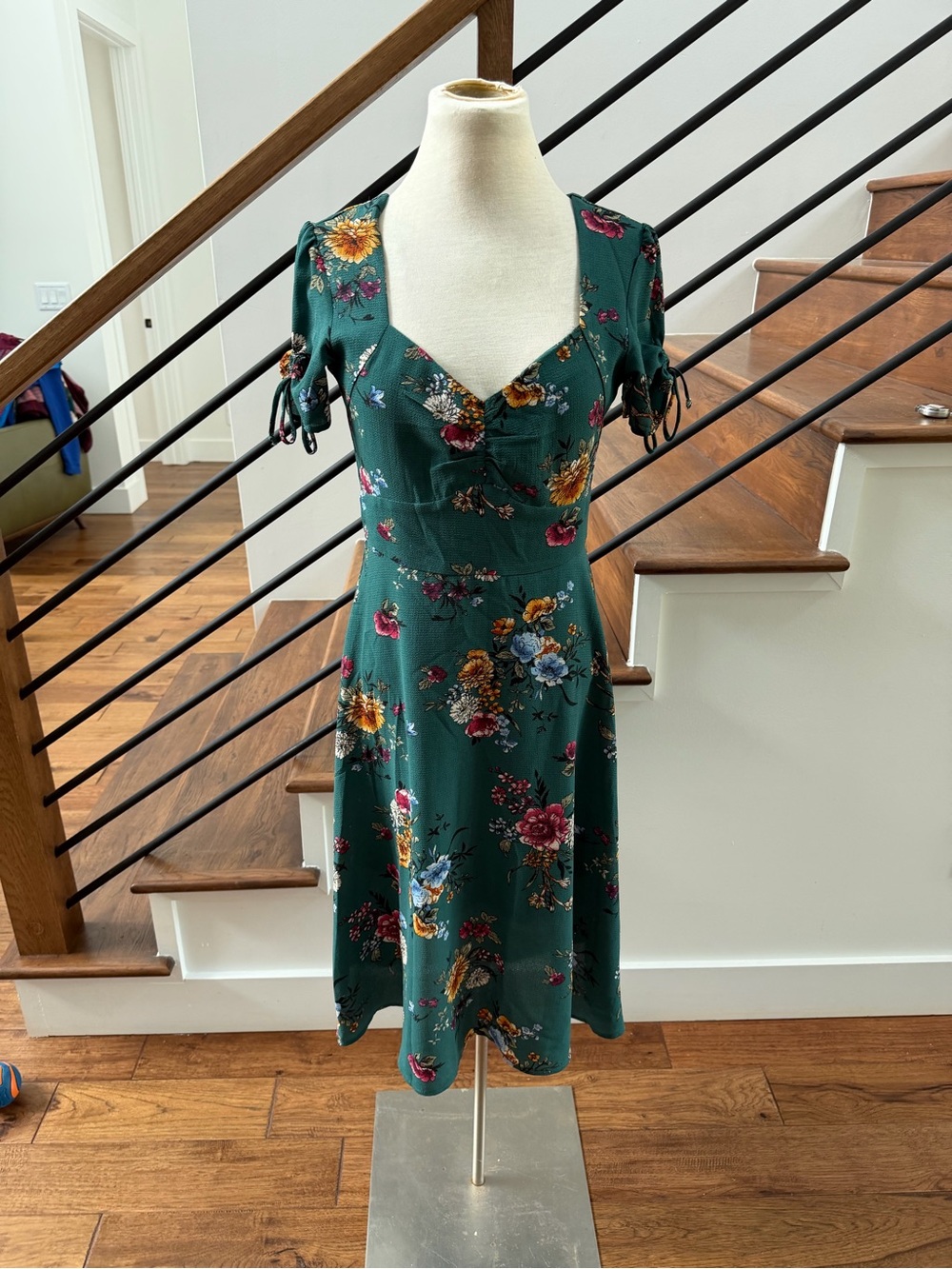 BeBop Green Floral Fit & Flare Dress with Tie Sleeves